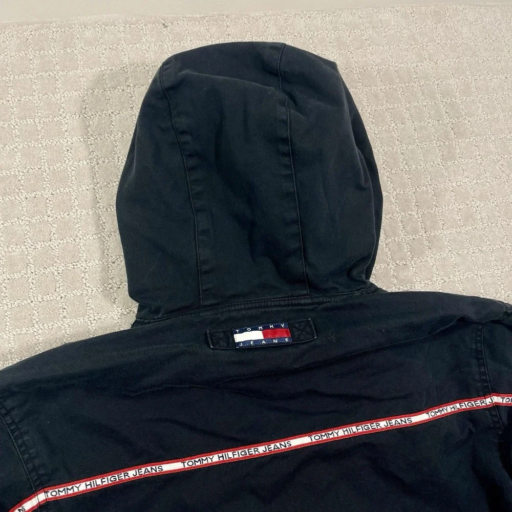 Vintage 90s‎ Tommy Hilfiger Jeans Size Medium Striped Black Hoodie Jacket